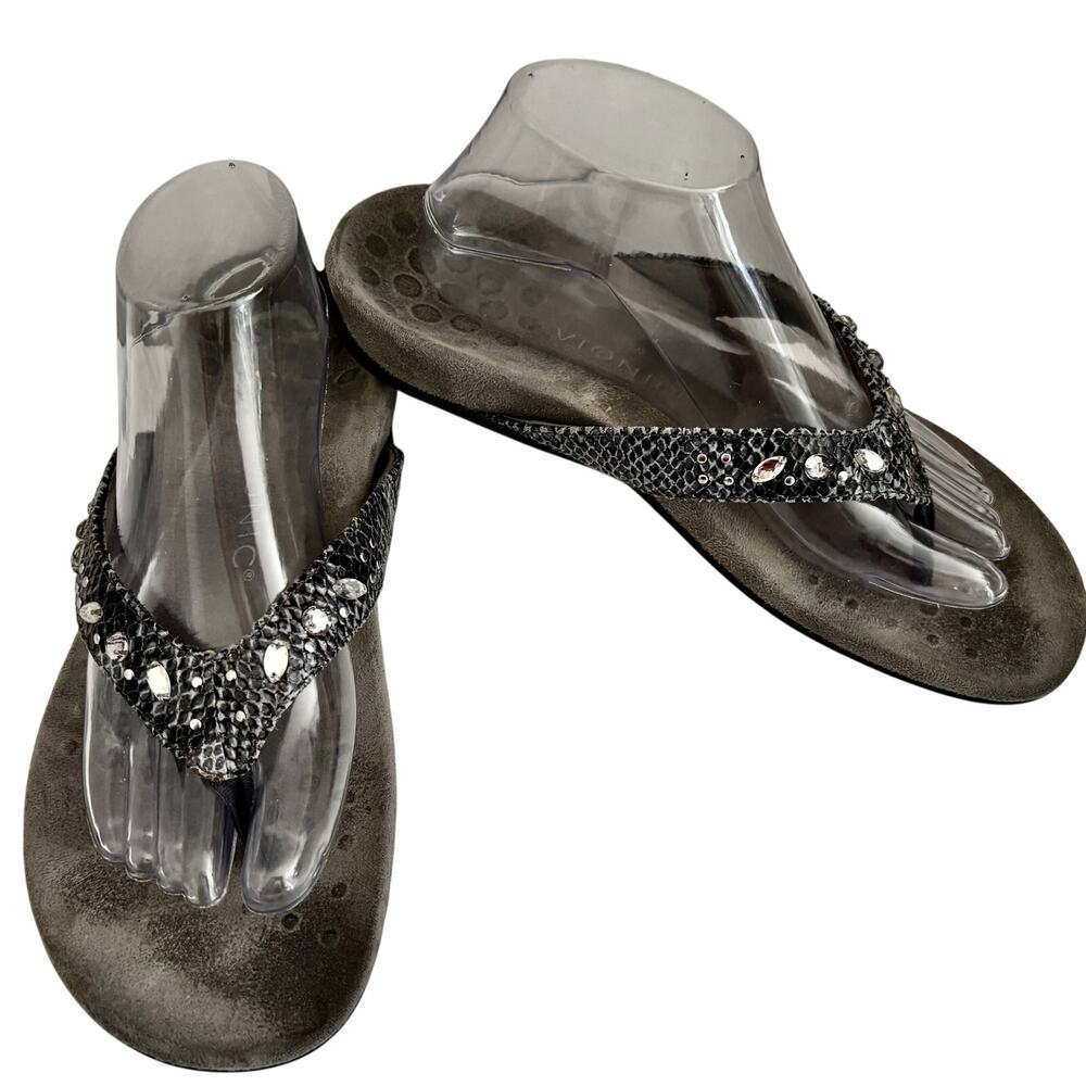 VIONIC Lucia Jeweled Rhinestone Black Snake Flip Flop Thong Sandals Orthotic
